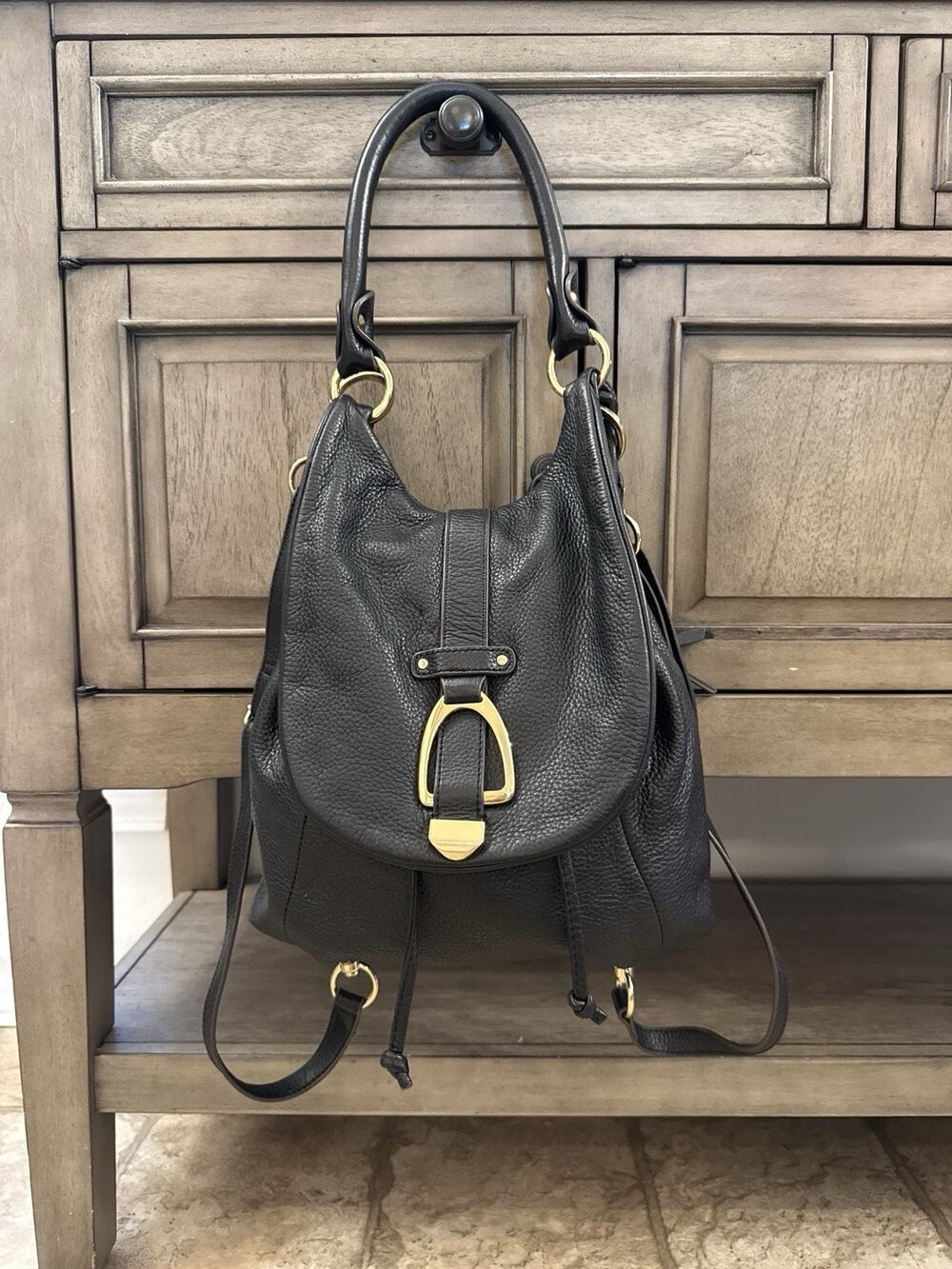 G.I.L.I. Black Genuine Leather Flap Hobo Shoulder Bag /Backpack Convertible